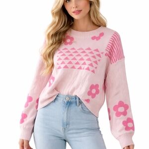 Newme Blush Pink Crew Neck Sweater Size Large Floral Geometric Knit New